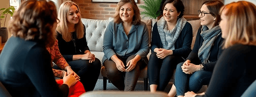 group of women in supportive circle discussion, warm friendly atmosphere