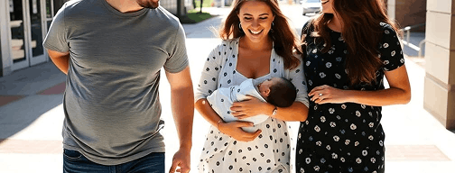 happy family leaving hospital with newborn, hopeful new beginning, sunny day