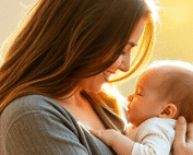 mother and baby bonding peacefully, warm natural light, tender moment