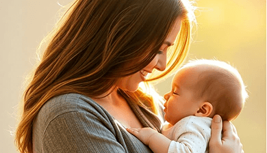 mother and baby bonding peacefully, warm natural light, tender moment