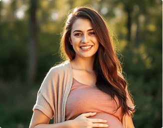 pregnant woman smiling peacefully, natural outdoor setting, warm sunlight