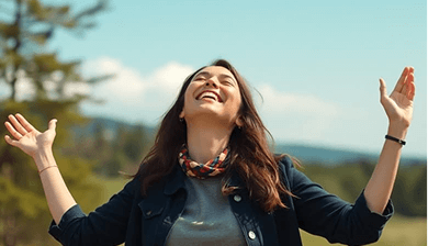 woman looking hopeful and empowered, outdoor setting, natural light