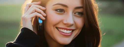 woman on phone looking hopeful, natural light, peaceful setting